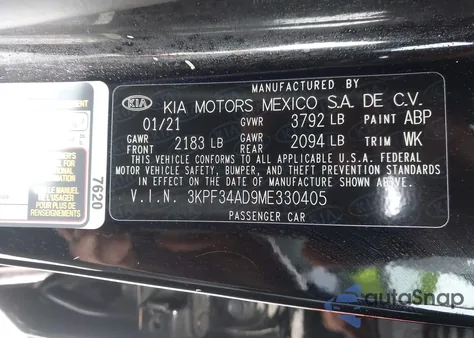 2021 Kia Forte Gt-Line из США, поврежденный, VIN 3KPF34AD9ME330405